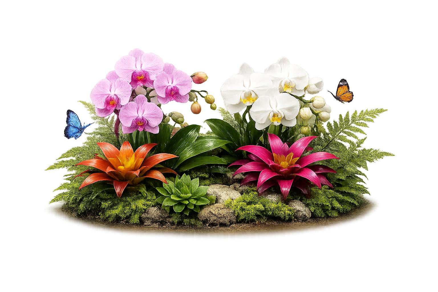 Beautiful orchids and bromeliads arranged in a business interior